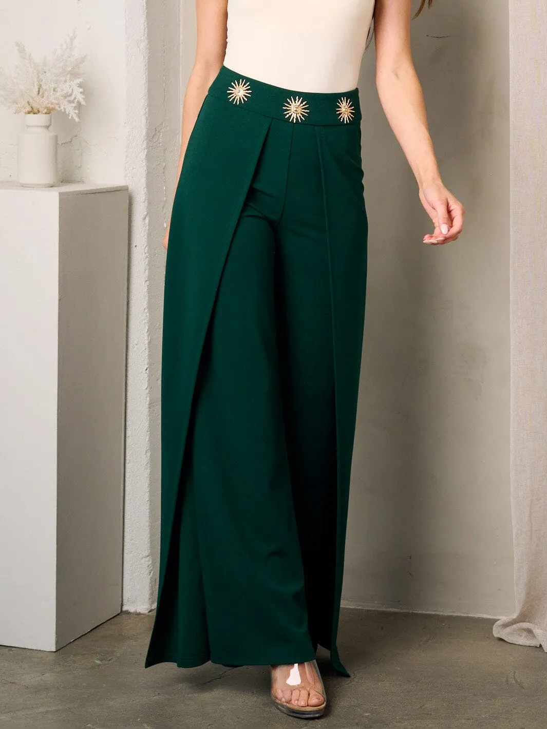 WOMEN'S ZIP UP SUN DETAILED WAIST WIDE LEG PANTS