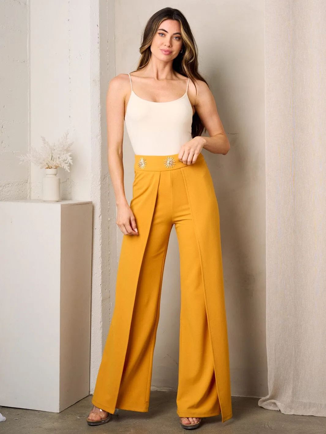 WOMEN'S ZIP UP SUN DETAILED WAIST WIDE LEG PANTS