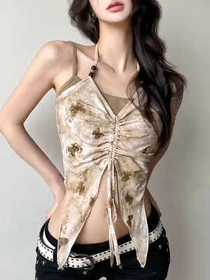 Y2K Vintage Butterfly Drawstring Crop Top
