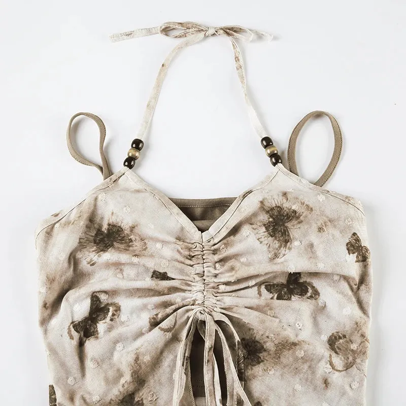Y2K Vintage Butterfly Drawstring Crop Top